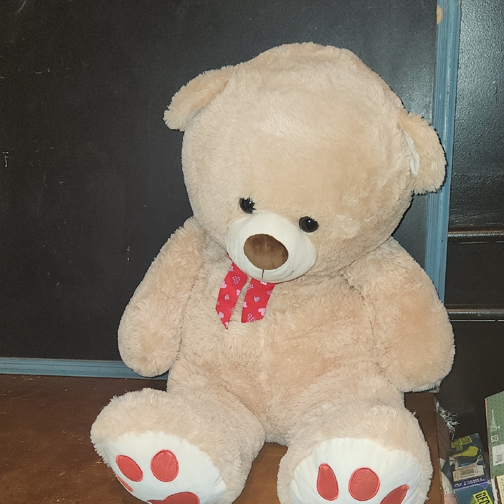 EXTRA LARGE Adorable Tan Teddy Bear with Red Bow